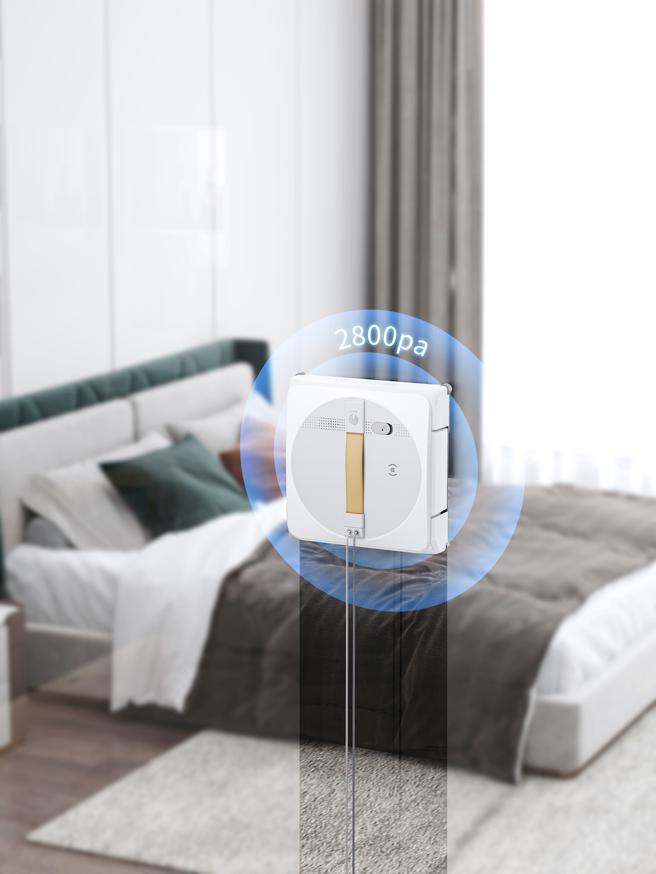 GLASSBOT W1 PRO可承受相当于机身4倍重量的2800 Pa最佳吸力设计，加上智慧系统可在检测到气压不足时，自动将吸力补回到2800 Pa以保证牢固吸附。（ECOVACS提供）