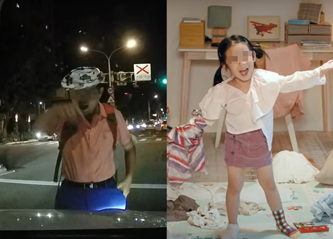 北市名医林青谷1日酒后骑乘脚踏车，因不满被按喇叭，竟以肉身拦车，要求蔡姓女驾驶下车，而车上的小童星女儿则坚强的安慰蔡女。（翻摄照片）