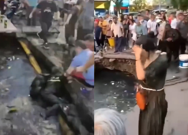 大陆四川省重庆市綦江桥河步行街上突然路面塌陷，导致多位民眾跌入底下的化粪池。（翻摄自微博）