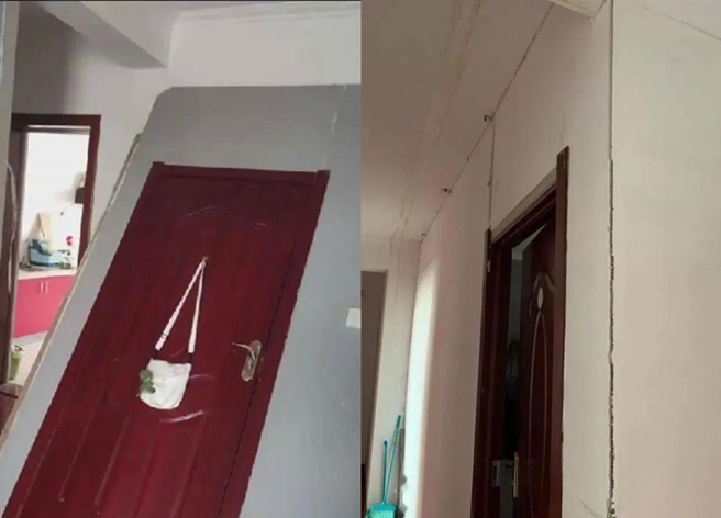 女租客与友人租下分租雅房，住进去将近3个月，中间的隔墙竟然倒塌了。（翻摄自微博）