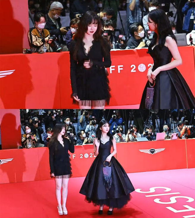 具惠善（左）性感纱裙现身，但裙子疑似太短，让她不断在红毯上拉裙子。（图／翻摄自PICKCON YouTube）