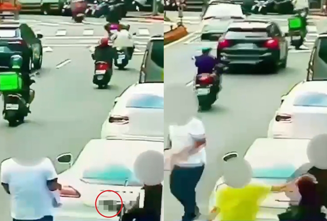 建商老板遭枪手埋伏开枪大腿中弹，妻子狂挥身上的背包力退枪手。（翻摄影片）