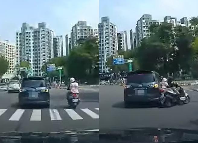 休旅车打了右转灯便直接转弯，导致双载骑士反应不及直接被碰撞摔落地面。（翻摄自YouTube频道「WoWtchout - 地图型行车影像分享平台」）