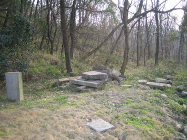 遭红卫兵破坏的烈士墓碑：1937.11因时局紧张，在上海、南京保衞战中牺牲的烈士24人，合葬为一墓穴，其中有击落敌机11架的空军英雄刘粹刚等。笔者于2004年凭悼公墓时所摄，墓区还可看到尚待修復，文革时期遭到破坏的烈士墓碑。（图文：作者朱力扬）