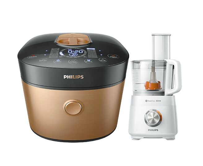 Global Mall新北中和店推出飞利浦双重脉衝智慧万用锅+厨神食物调理机，原价2万9588元，优惠价1万7000元。（Global Mall提供）