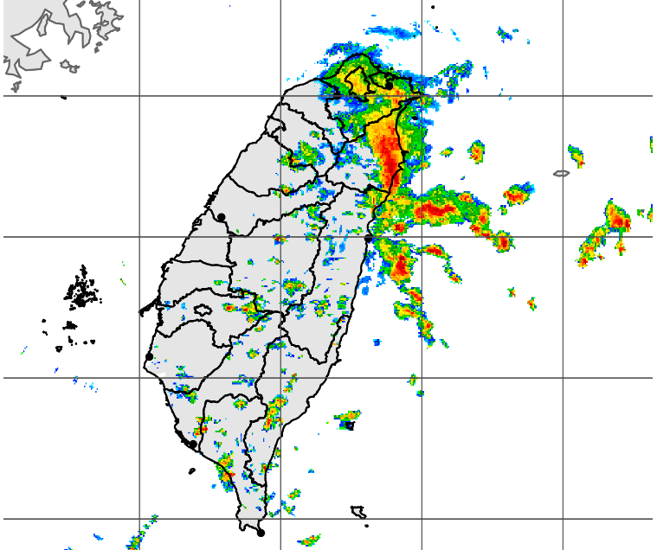 豪雨特报范围扩大，北、东、嘉7县市列入警戒范围。（中央气象局提供）