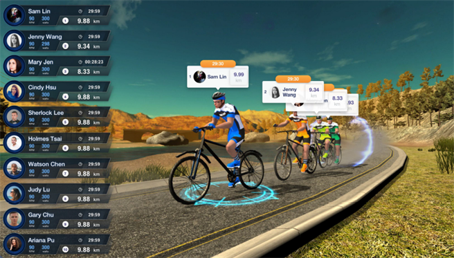 为了让科技结合运动，清大运动科技中心教授邱文信团队与新创公司宇康医电合作，于竹市新科国民运动中心，打造「2022室内虚实三铁新科杯挑战赛」。图为游戏画面。（清大运科中心提供／王惠慧新竹传真）