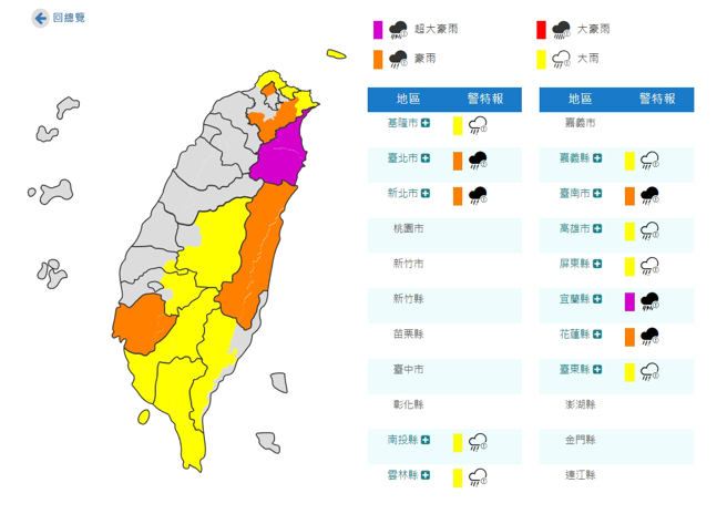 氣象局今（7）日針對11個縣市發布豪、大雨特報。（圖／取自氣象局官網）