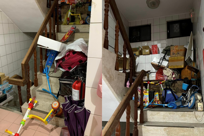一名家住北市信义区的民眾投诉，邻居在楼梯间囤满杂物，她打1999市民专线投诉2年都无回音。（翻摄自脸书社团《爆料公社》）