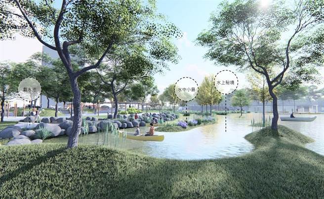 大园华兴池公园将打造全新生态公园，内含戏水空间。图为完工模拟图。（工务局提供／蔡明亘桃园传真）