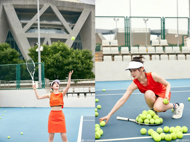 袁姗姗网球装超辣。(图/ 摘自袁姗姗微博)