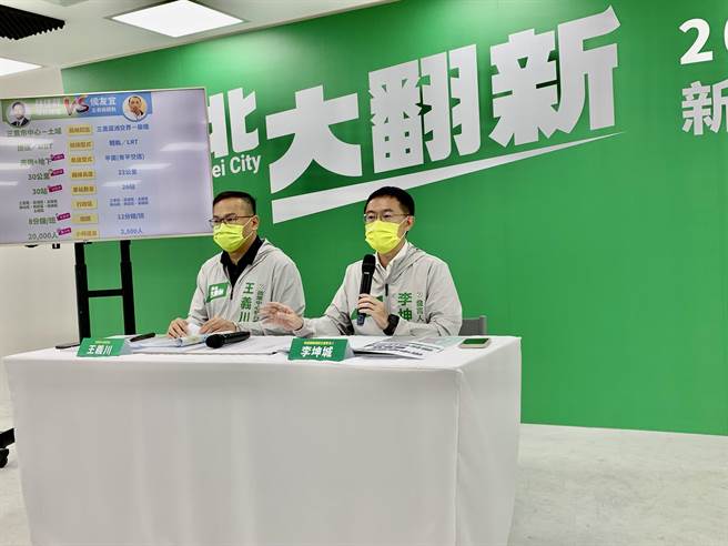 林佳龙竞选办公室发言人李坤城（右）、政策中心执行长王义川表示，林佳龙所主张兴建的溪北捷运，不论在速度、运量、服务范围，都优于侯友宜的五泰板轻轨。（陈慰慈摄）