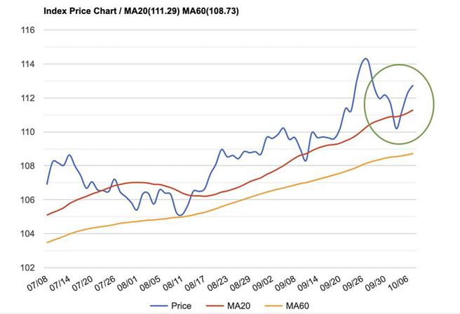 （美元指數一周內下滑到短期低點的110.19（10/04），再回升到112.75（10/07）。資料來源／StockQ）