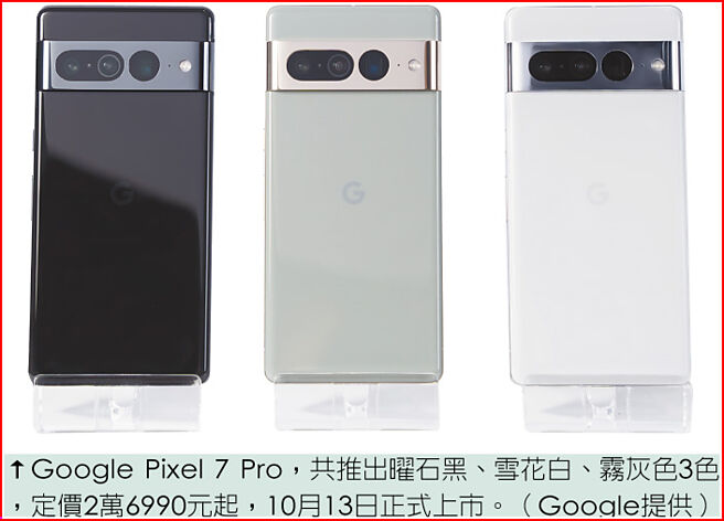 Google Pixel 7 Pro，共推出曜石黑、雪花白、雾灰色3色，定价2万6990元起，10月13日正式上市。（Google提供）