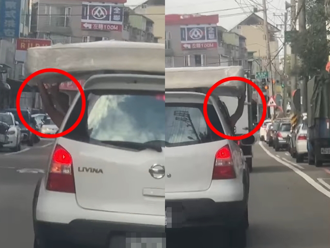 1名网友日前目击前方1辆轿车的4个车窗各伸出1双手扶着车顶的床垫，乍看之下就像是海军陆战队在做操演胶舟。（翻摄自脸书「爆料公社」）