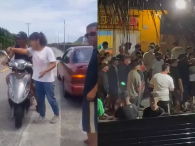兰屿当地1对夫妻在环岛公路上与观光客发生行车纠纷，女子抱怨说该名游客当时将车挡住道路，她与丈夫按对方喇叭，对方竟拿小刀下来想捅人。（翻摄自爆料公社）