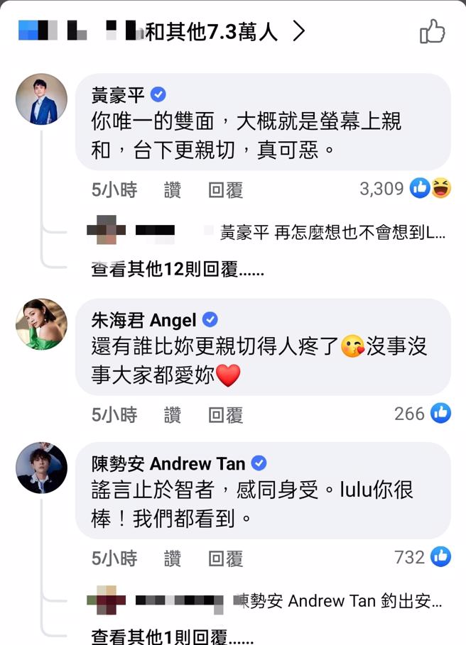 许多艺人支持Lulu。（图／Lulu facebook截图）