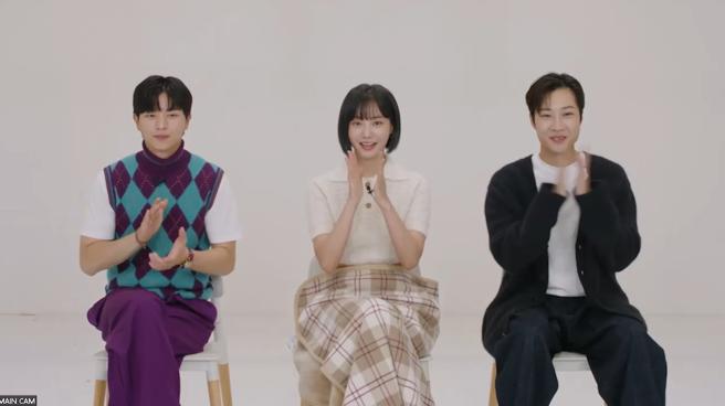 陆星材（左起）、妍雨、李锺元为主演新剧《人生胜利组》接受本报视讯专访。（Disney+提供）