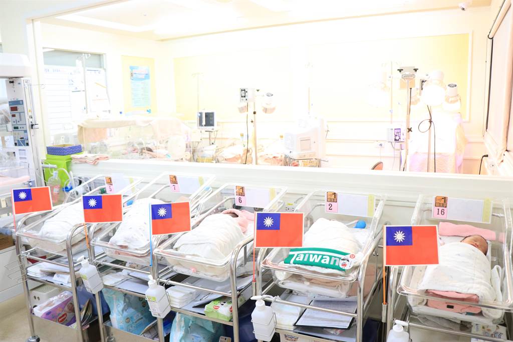 台中茂盛醫院10日上午喜迎6位國慶寶寶，嬰兒室應景插上小國旗，讓寶寶們和台灣同慶生日。（茂盛醫院提供／潘虹恩台中傳真）