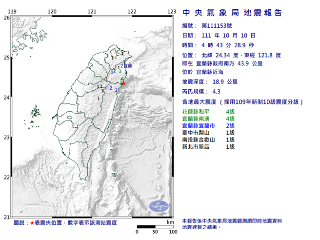 宜兰县近海发生规模4.3地震 宜花最大震度4级。（图取自气象局网页）