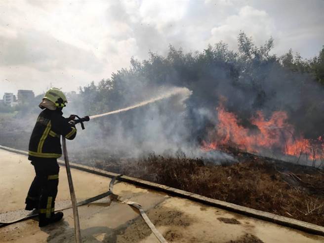 民宿密集的西衛里五福路3巷內的燒草火警，在強烈的東北季風助燃之下，因起火處相當接近民宅，消防局接獲報案後立即動員出勤搶救。（澎湖縣消防局提供）