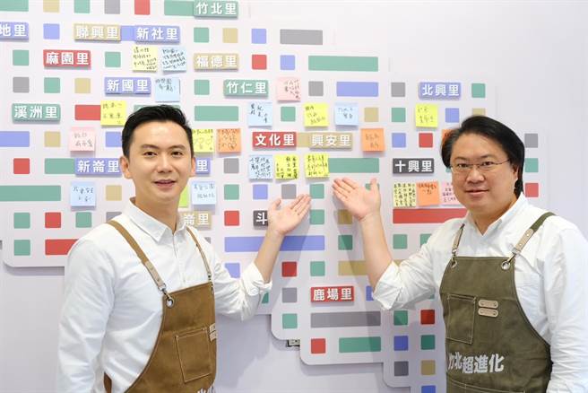 基隆市长林右昌（右）挺竹北市长参选人郑朝方（左），要用美食文化开启城市交流。（郑朝方竞总提供／罗浚滨新竹传真）