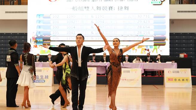 嘉义县舞蹈运动项目教练兼选手翁仲德与胞姊翁子雅在一般组舞蹈运动双人舞竞赛（捷舞）拿下金牌。（嘉义县政府提供∕吕妍庭嘉义传真）