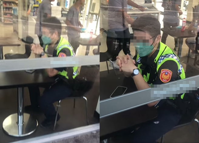 男子拍到1名员警坐在超商休息，大酸「这就是所谓的人民保母领纳税人的钱」。（翻摄自脸书爆废公社公开版）