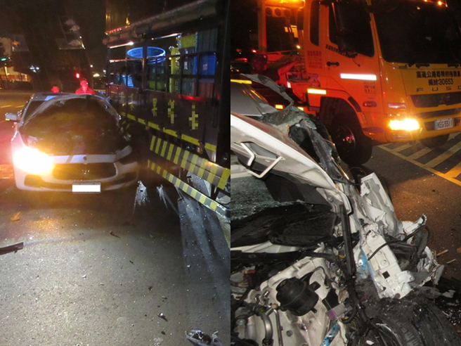 台中果菜市场前在今（11）凌晨4时许，发生1辆玛莎拉蒂轿车撞击大货车，玛莎拉蒂车头全烂，驾驶还肇逃，目前警方确认张姓车主身分。（民眾提供）