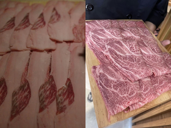 客人原本的肉盘是全油脂的边角料，店家第一时间解释上错了，网友怒批不可能，上错代表原本肉盘是要给其他客人的，但不可能有火锅店会提供边角料。（翻摄自脸书新竹爆料公社）