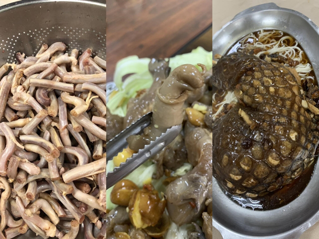 高大成脸书曝光他的特餐，竟是牛鞭、鱷鱼鞭、羊鞭、鱷鱼掌等食材，网友见到新鲜的各部位笑说真是一堂法医解剖课。（翻摄自高大成脸书）