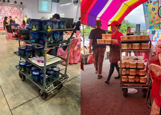 他在南部吃办桌，宾客每人可拿到1桶冰淇淋，直呼「南部人就是霸气」。（翻摄自脸书爆废公社公开版）