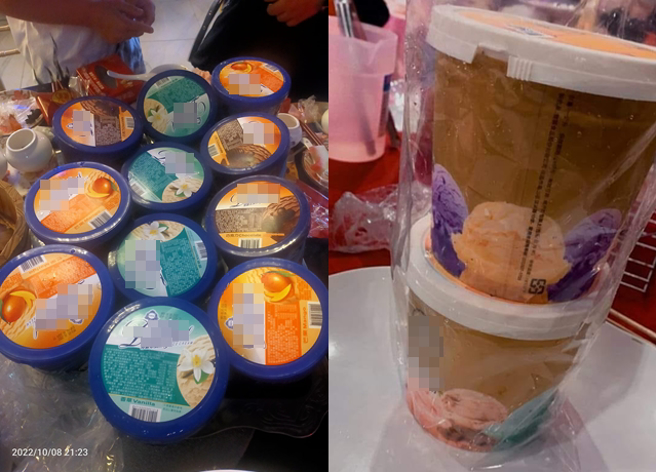 他在南部吃办桌，宾客每人可拿到1桶冰淇淋，直呼「南部人就是霸气」。（翻摄自脸书爆废公社公开版）