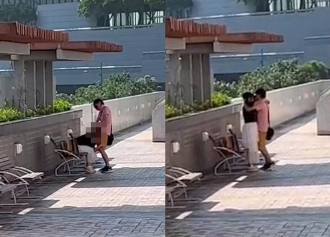 男女在公园椅子上上演「活春宫」，还引起围观路人大喊「加油、看这里」。（翻摄自推特、微博）