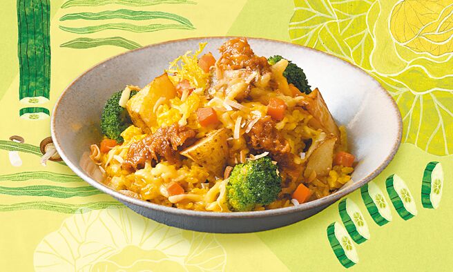 莱尔富携宽心园推蔬食新品「葡式咖哩焗饭」，89元。（莱尔富提供）