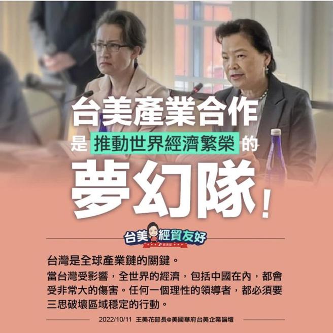 （經濟部長王美花訪美參與一場論壇強調台美企業合作組夢幻隊。圖／摘自經濟部IG官方帳號）