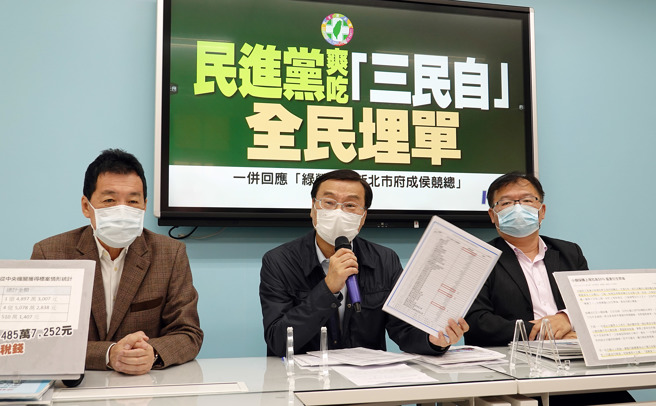 国民党立委费鸿泰（左起）、曾铭宗、李德维12日举行「民进党爽吃『三民自』，全民埋单」记者会。（姚志平摄）