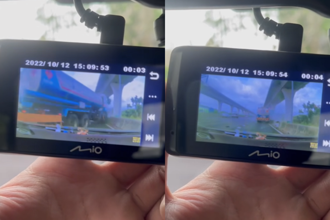 国道1号北上桃园段12日下午3时许发生11车连环撞的车祸，后方的轿车行车纪录器拍下撞击瞬间。（翻摄自脸书社团《爆料公社》）