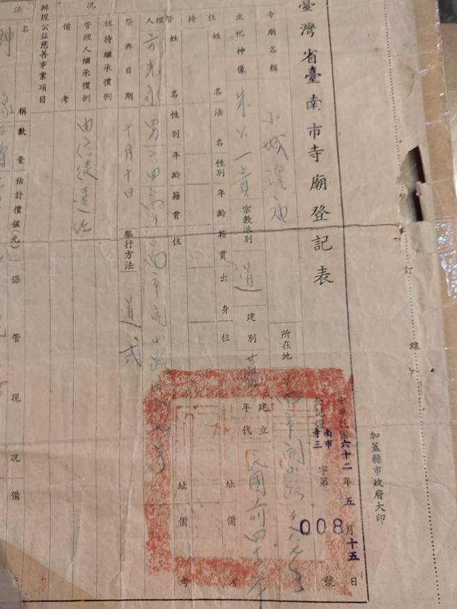 廟方拿出當初所登記的資料，早在1973年就已登記主神為朱一貴，而並非自己創造的。（李俊淇攝）