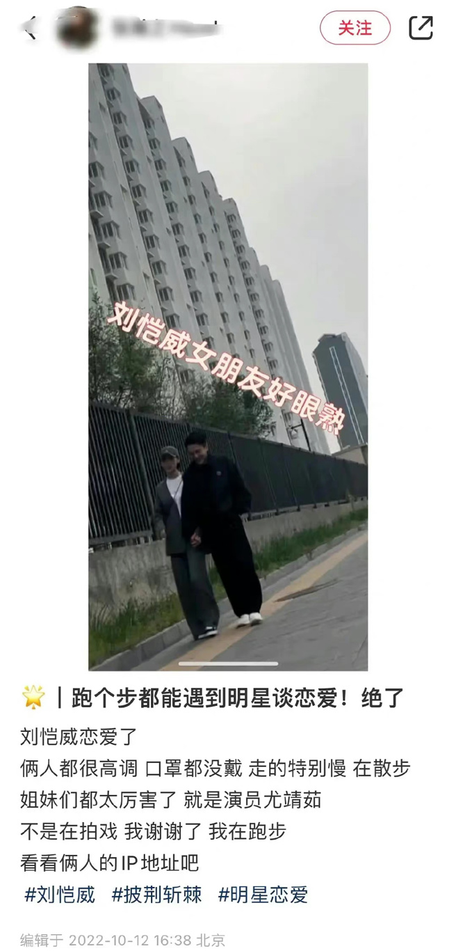 网友拍下刘恺威跟疑似尤靖茹的女子牵手散步。（图／小红书）