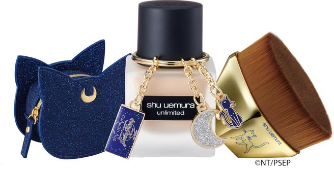 台中大遠百shu uemura植村秀美少女戰士聯名彩妝，#55零刷痕粉底刷、無極限粉底液、美少女戰士鑰匙圈、美少女戰士路娜限量包，價值3800元、推薦價3420元。（遠百提供）
