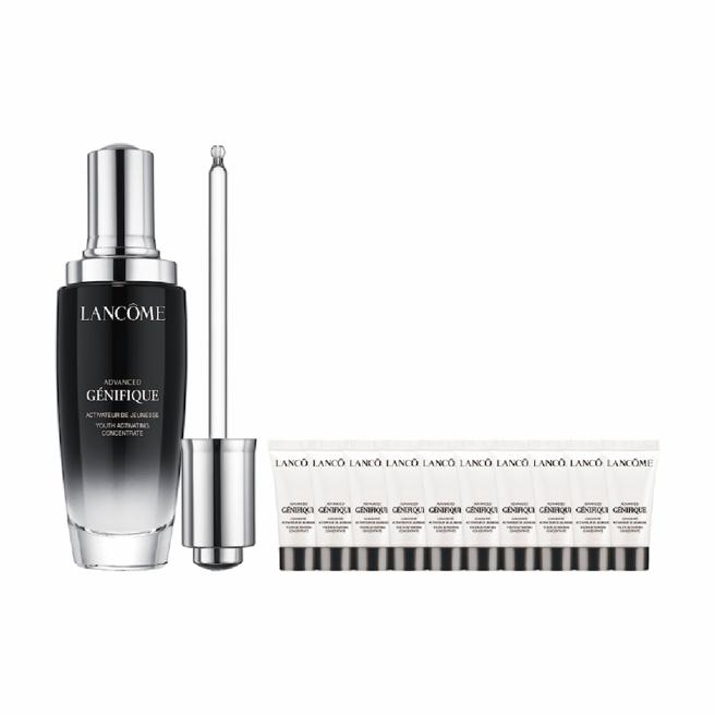 新竹大遠百Lancôme蘭蔻超未來肌因賦活露大容量組，含超未來肌因賦活露75ml、超未來肌因賦活露5mlＸ10，價值1萬2130元、特價4950元，限量10組。（遠百提供）
