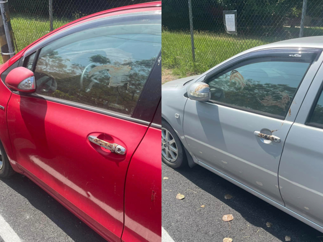 怪客对多部汽车抹屎，一路从把手、车门、车窗抹到后照镜。（翻摄自爆料公社脸书）