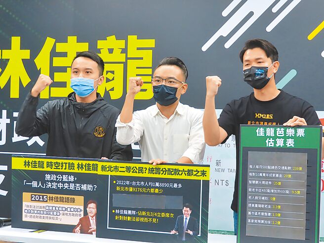 新北市长侯友宜选举办公室发言人吴亮贤、立委洪孟楷、新北市议员参选人吕家恺（左起至右）举行记者会，痛批林佳龙只会开出一张张的「芭乐票」。（叶德正摄）