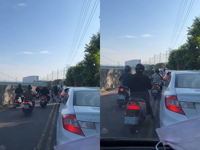 台南1名网友日前曝光上班时间，市区河堤道路的恐怖场景，道路因车流壅塞，大批机车族只能「逆向」往前骑，该网友笑说是「尸速机车」。（翻摄自脸书「爆料公社公开版」）