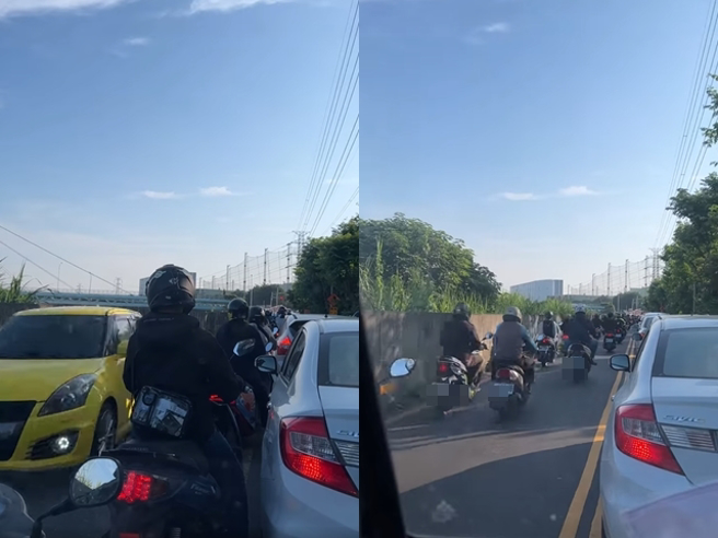 台南1名网友日前曝光上班时间，市区河堤道路的恐怖场景，道路因车流壅塞，大批机车族只能「逆向」往前骑，该网友笑说是「尸速机车」。（翻摄自脸书「爆料公社公开版」）
