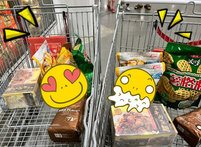 女逛好市多竟「撞车」！ 万人讚懂买，网笑：请在结帐区公证结婚。(翻摄脸书Costco好市多商品经验老实说)