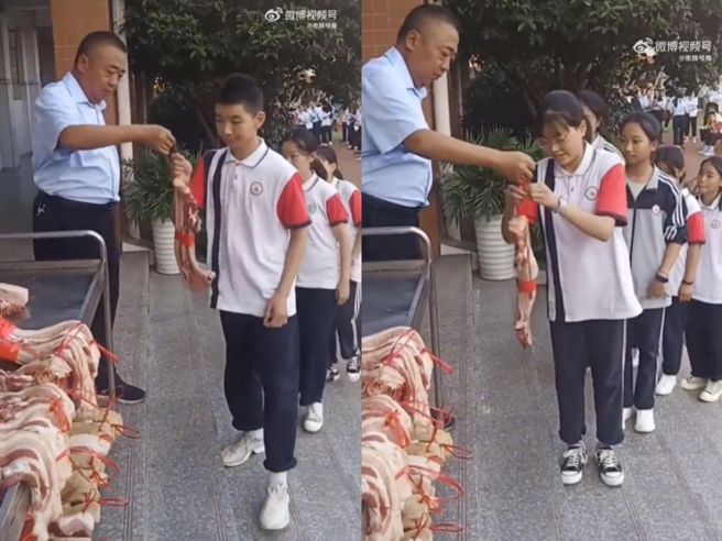 大陸一間學校用生豬肉代替獎狀，頒給學生作為鼓勵，奇特獎勵方式引發討論。(圖翻攝自微博/衝鋒號角)