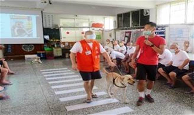 嘉義看守所舉辦「有愛無礙，生命導航」視障導盲體驗，請來2隻導盲犬陪矇眼收容人散步、過馬路。（嘉義看守所提供∕呂妍庭嘉義傳真）