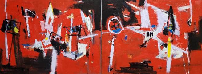 刘哲志经常造访台南白河，面对千姿百态的荷田，交错线条与衝突的色块，就像一幅抽象画，让他忍不住一画再画，造就「夏荷」系列作品。(刘哲志提供)